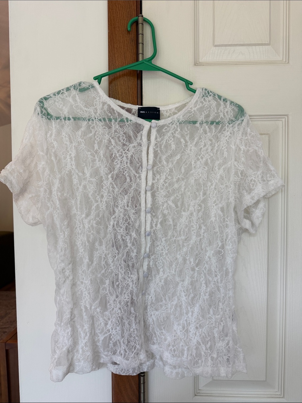 ASOS White Sheer Lace Short Sleeve Button-Front Blouse